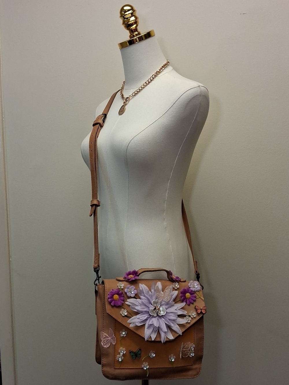 Handcrafted Upcycled Floral Butterfly Crossbody Bag Tan Leather Purse
